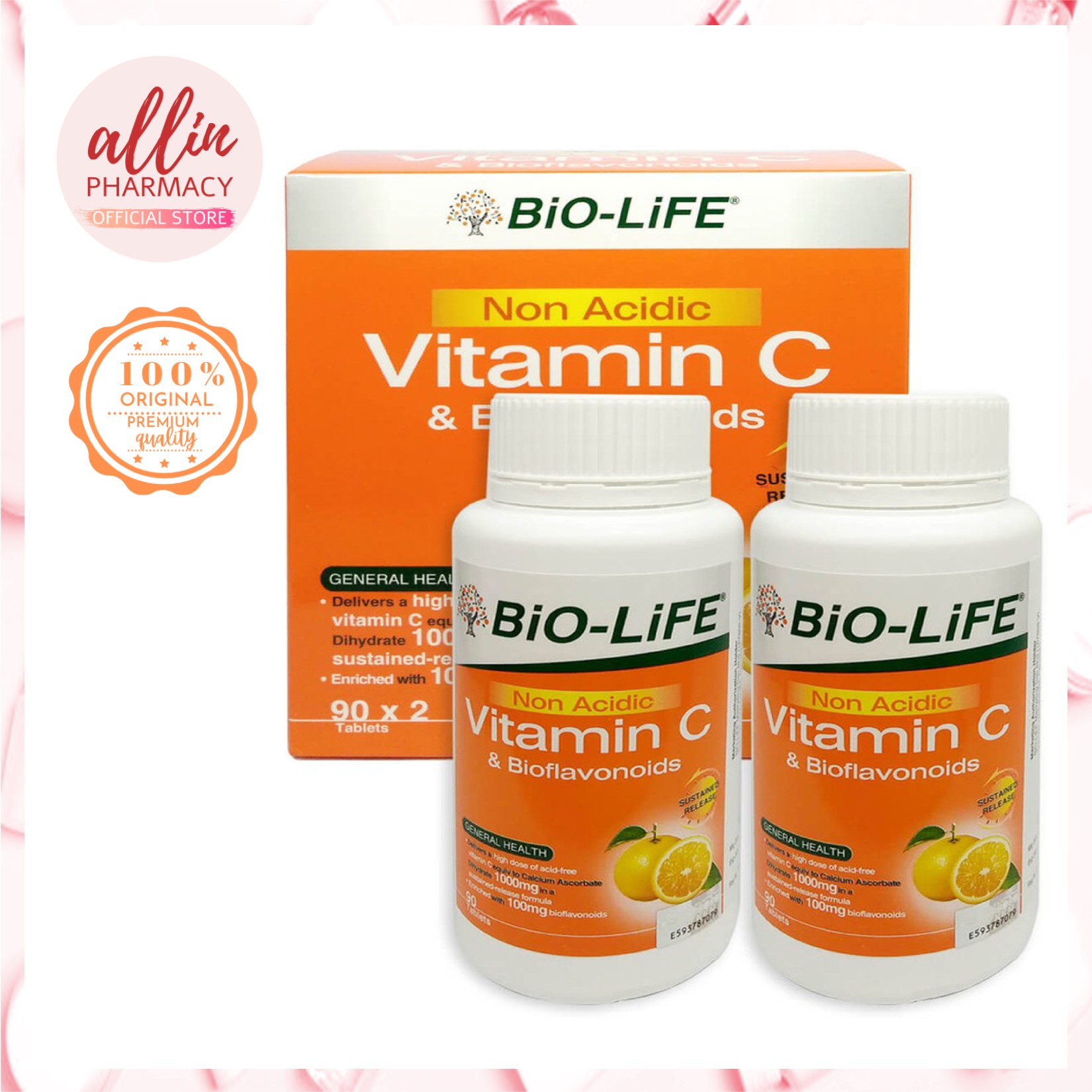 BioLife Non Acidic Vitamin C & Bioflavonoids 2X90s (EXP 06/24)